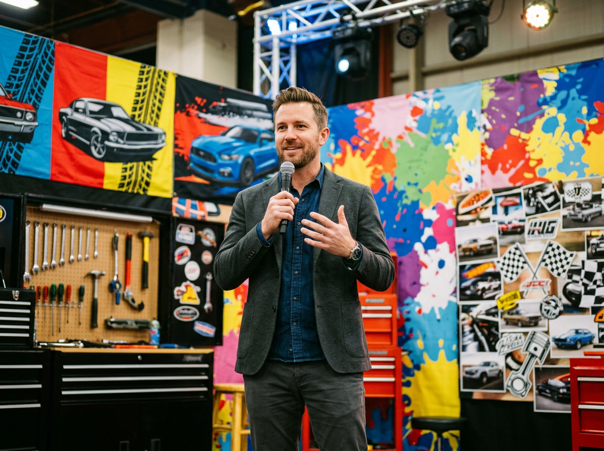Garage studio setting with vibrant automotive culture artwork and tools