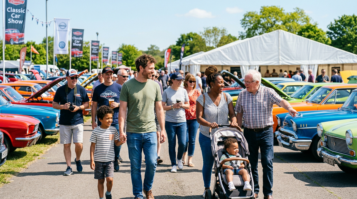 Diverse crowd of families and enthusiasts at a sunny car show event