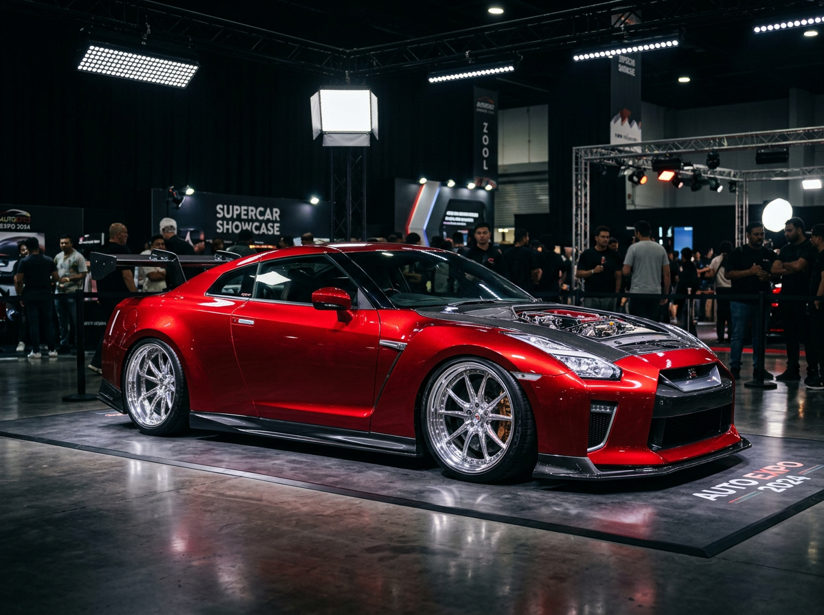Custom modified sports car with vibrant metallic candy paint in showcase setting