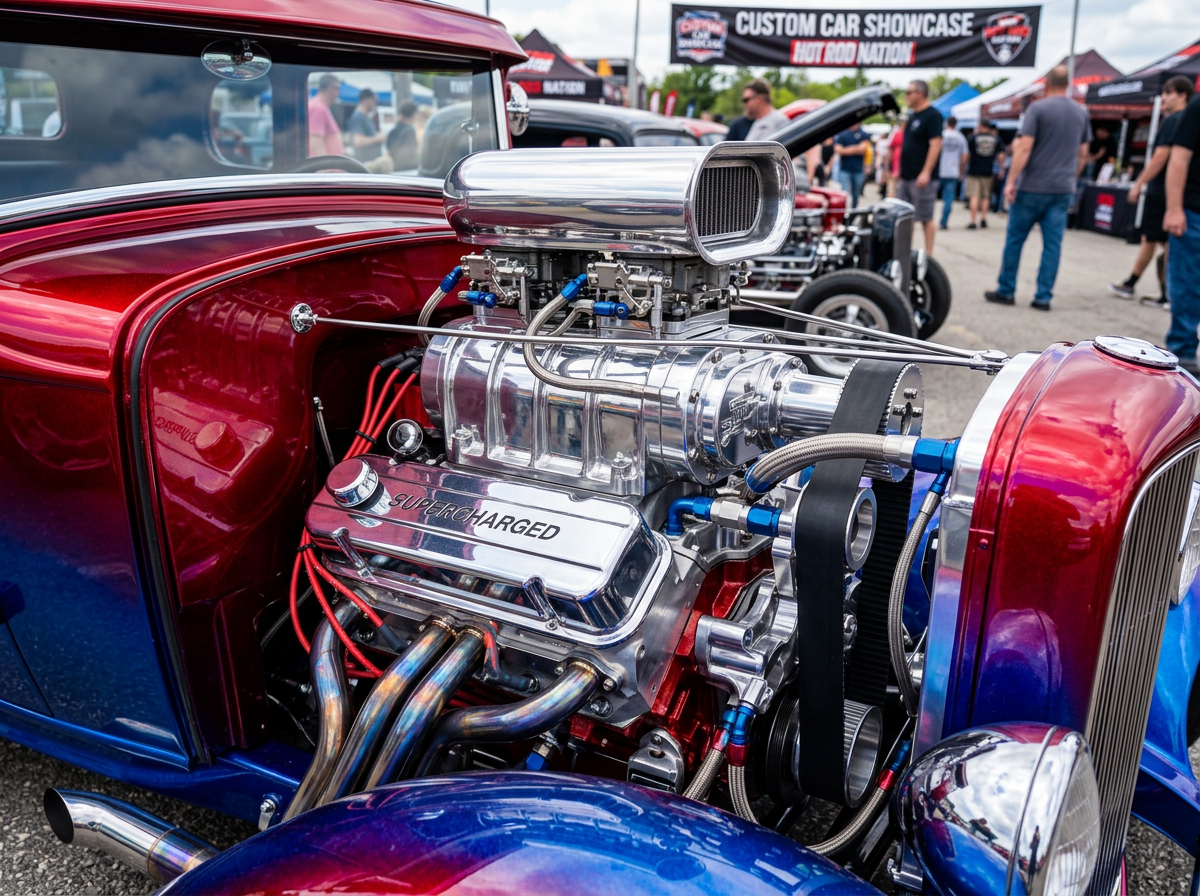 Close-up of a custom hot rod engine with polished chrome and vivid metallic paint
