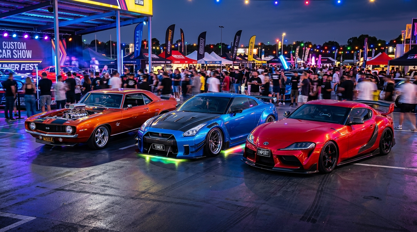Row of gleaming classic, muscle, and custom show cars under colorful event lighting